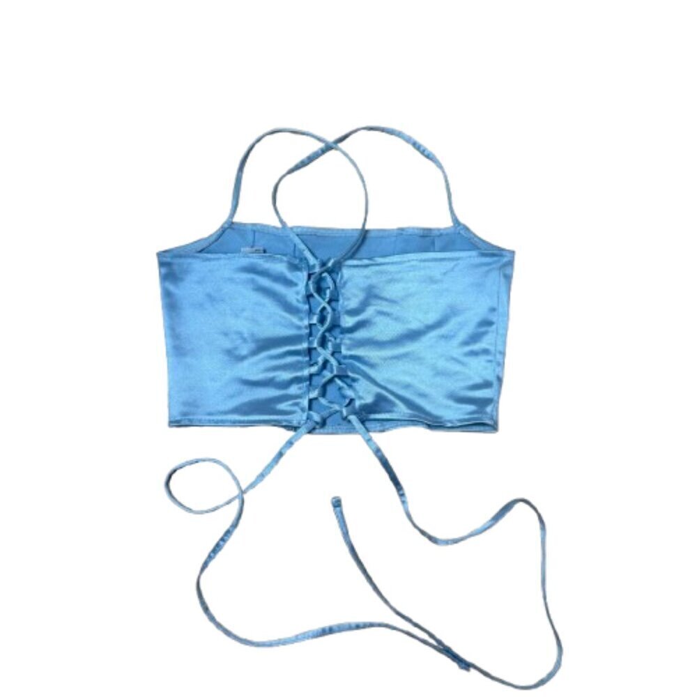 H&M Divided Satin Corset Lace Up Cropped Top Light Blue Size Small
